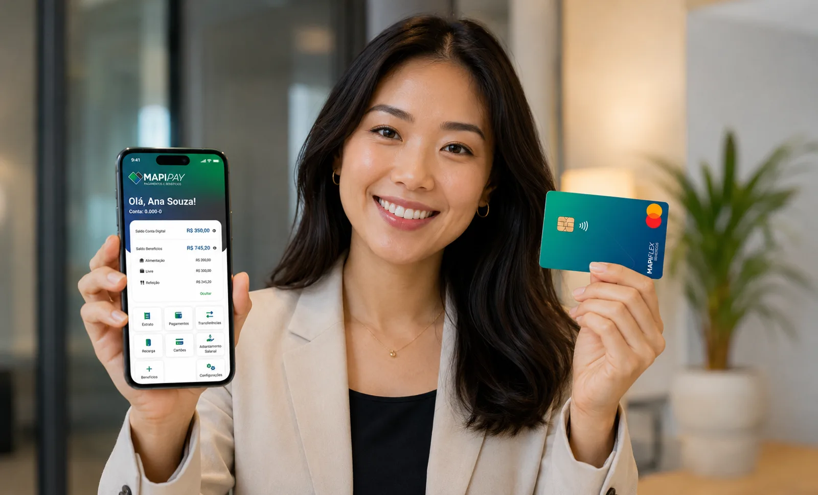 Profissional sorridente mostrando o app Mapipay no celular e o cartão de benefícios MAPIFLEX, em ambiente de escritório com luz natural